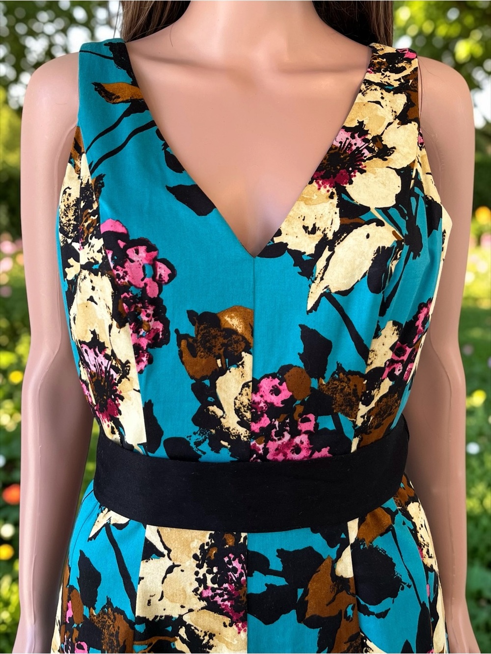 Nine West Teal Floral Fit & Flare Dress Size 6 Belted Cotton Stretch Y2K - Picture 2 of 10